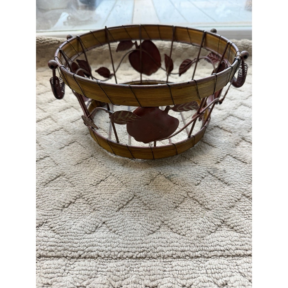 Rustic Metal And Wood Basket with Metal Apples and Spring Style Handles